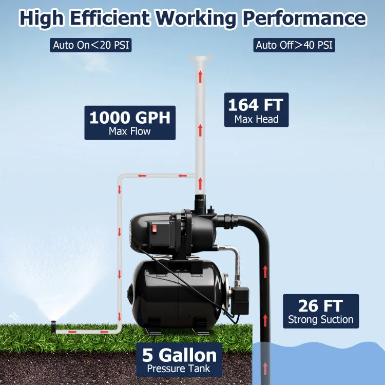 1200 W Garden Water Pump Shallow Well Pressurized Irrigation-Black