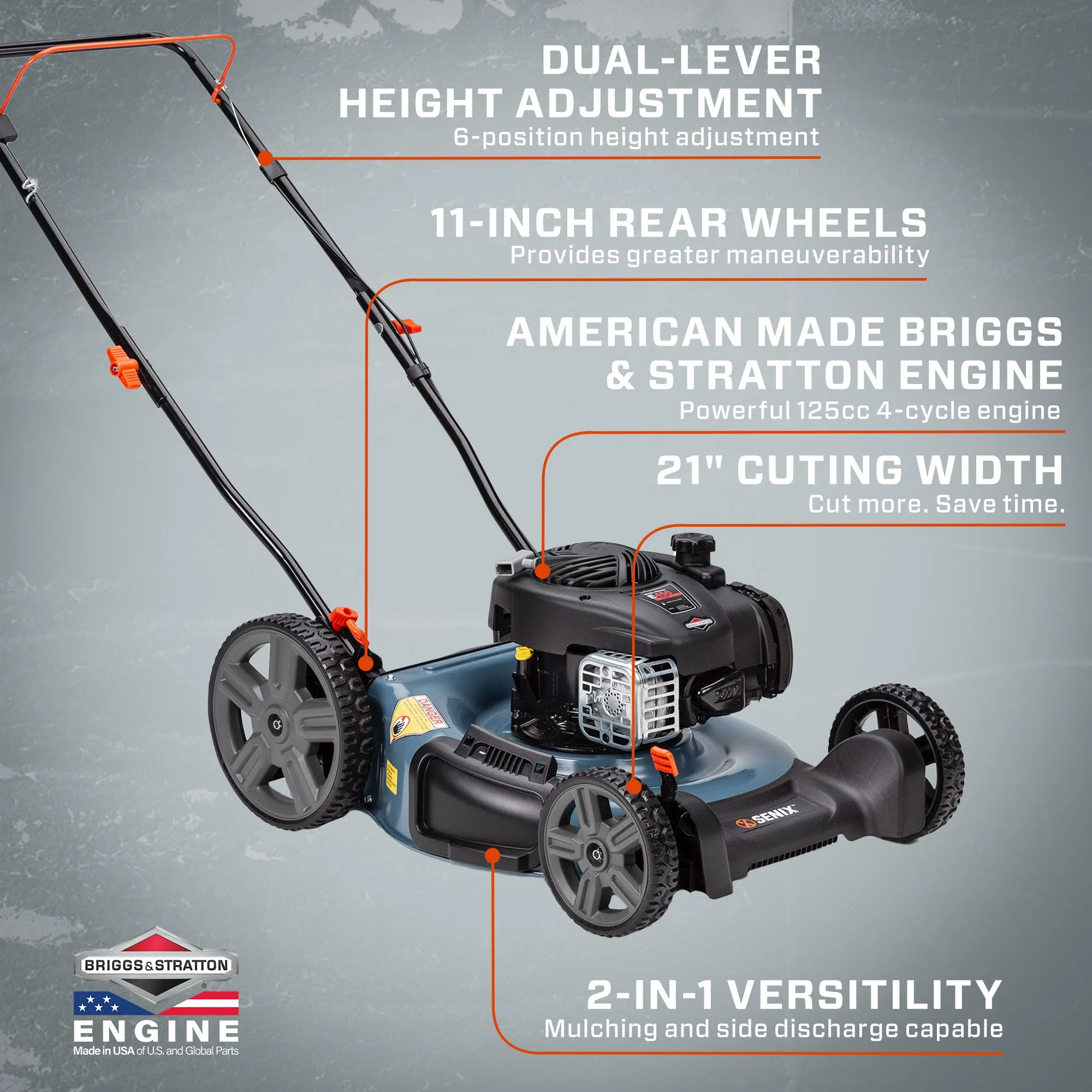 21-Inch 125cc Gas Powered Push Lawn Mower, 2-In-1, Mulch and Side Discharge, High Rear Wheels, LSPG-M4