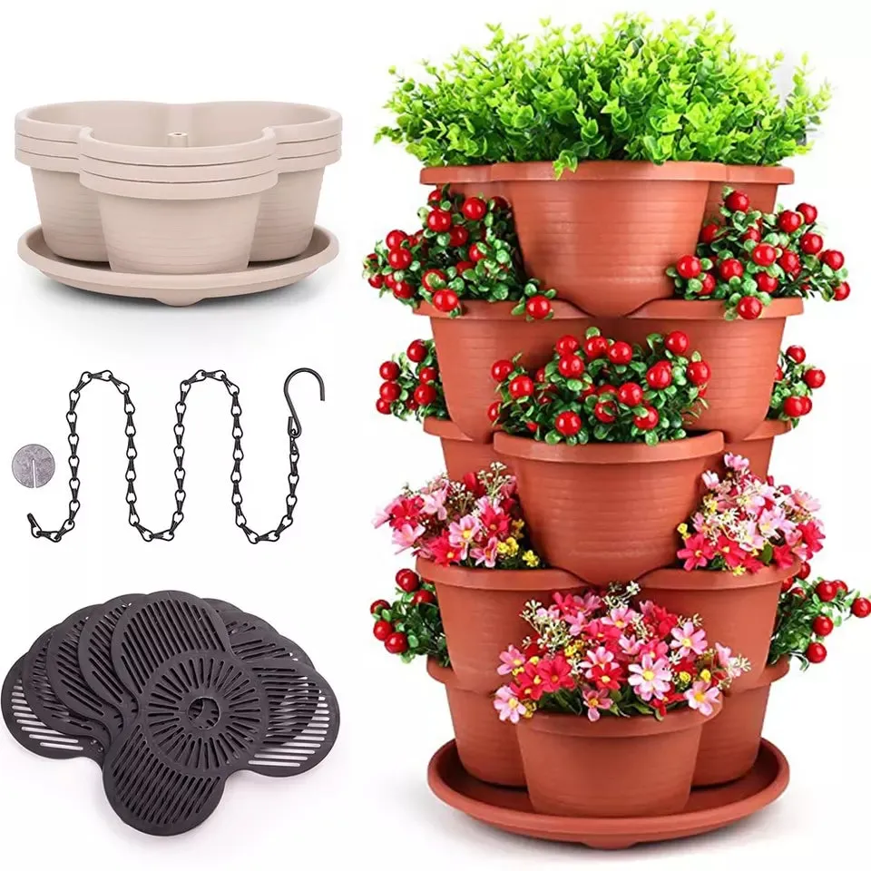 3 Tier Vertical Stackable Planter for Flowers Herbs Vegetables-Terracotta