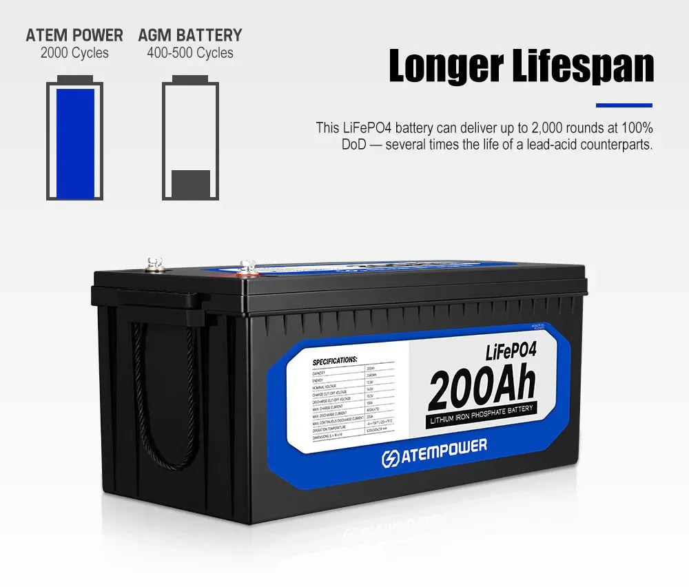 ATEM POWER 12V Lithium Battery LiFePO4 200Ah