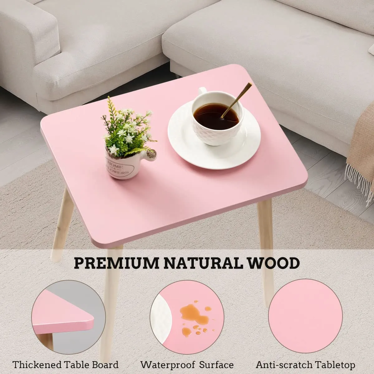 Expressow Wooden Handmade Beautiful End Table Coffee Table Side Table Bedside Table Nightstand for Living Room Bedroom Dining Room Kitchen Office (Pink)