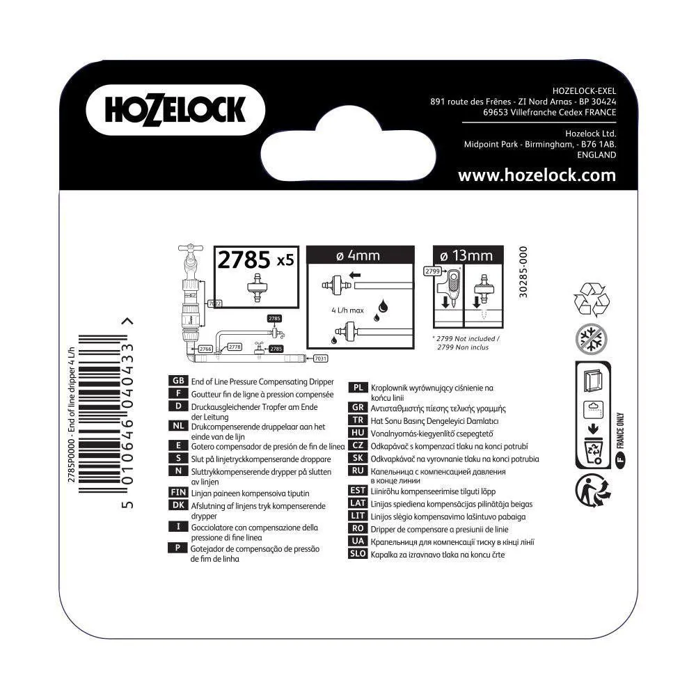 Hozelock 13mm/4mm End of Line Pressure Compensating Dripper (Pack of 5) 2785