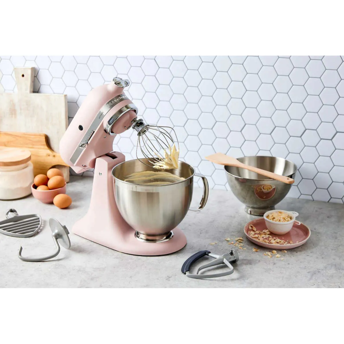 KitchenAid KSM195 Artisan Series Tilt-Head Stand Mixer with Premium Accessory Feathered Pink 4.8L
