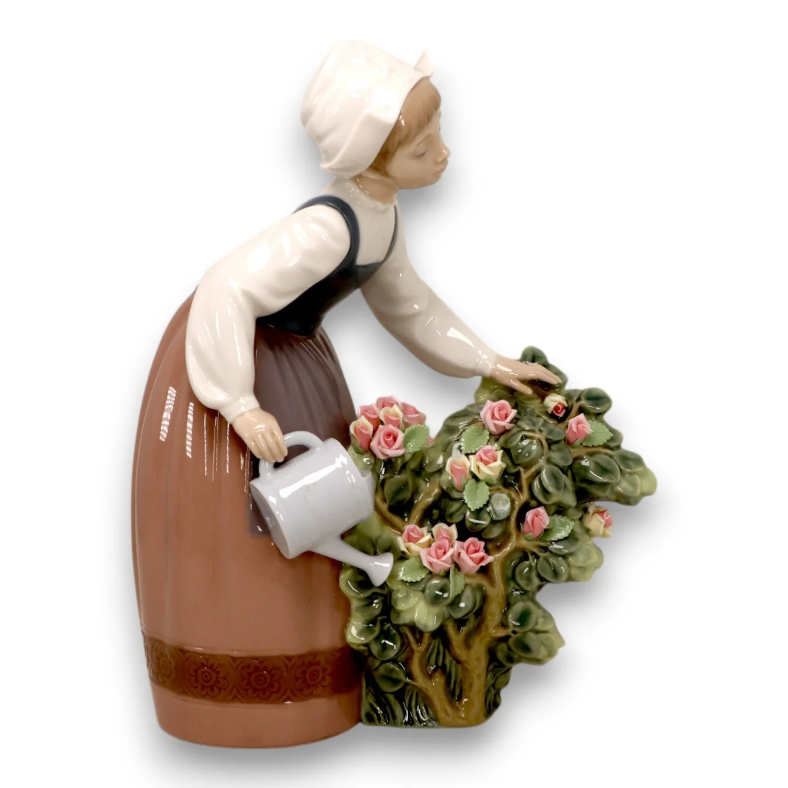 Lladro 1354 Dutch Girl Watering Pink Rose Bush Retired Vintage Gloss Spain