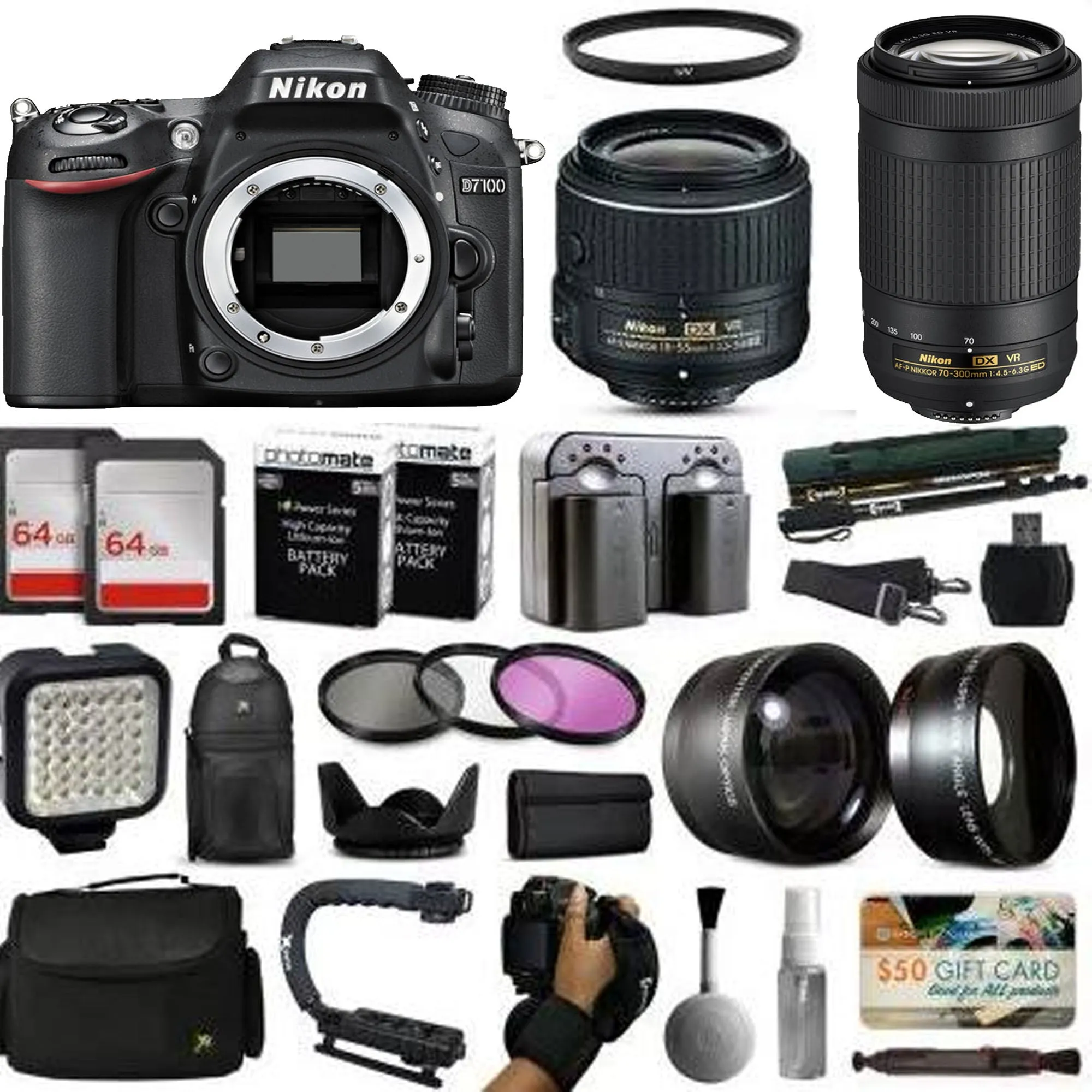 Nikon D7100 DSLR Digital Camera with 18-55mm VR II   70-300mm Ed VR Lens   128GB Memory   2 Batteries   Charger   LED Video Light   Backpack