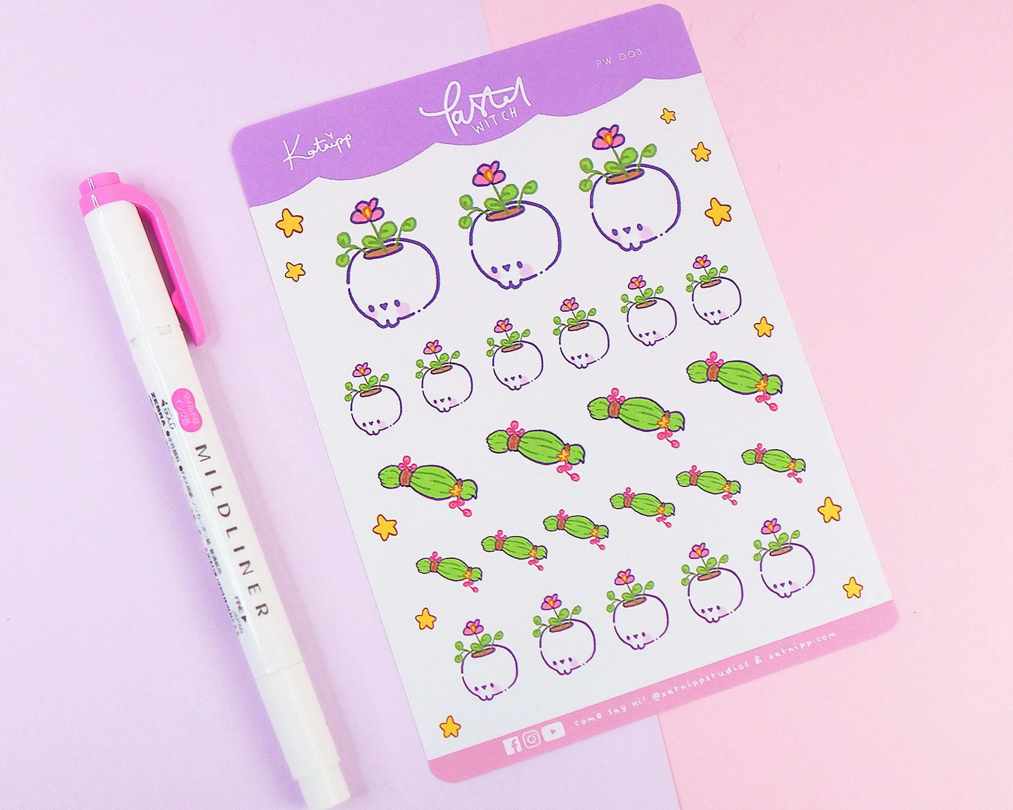 Primrose the Pastel Witch Skull Planter Sticker Sheet | Kawaii Witchy Stickers | Magical Bujo & Scrapbook Stickers | PW 003