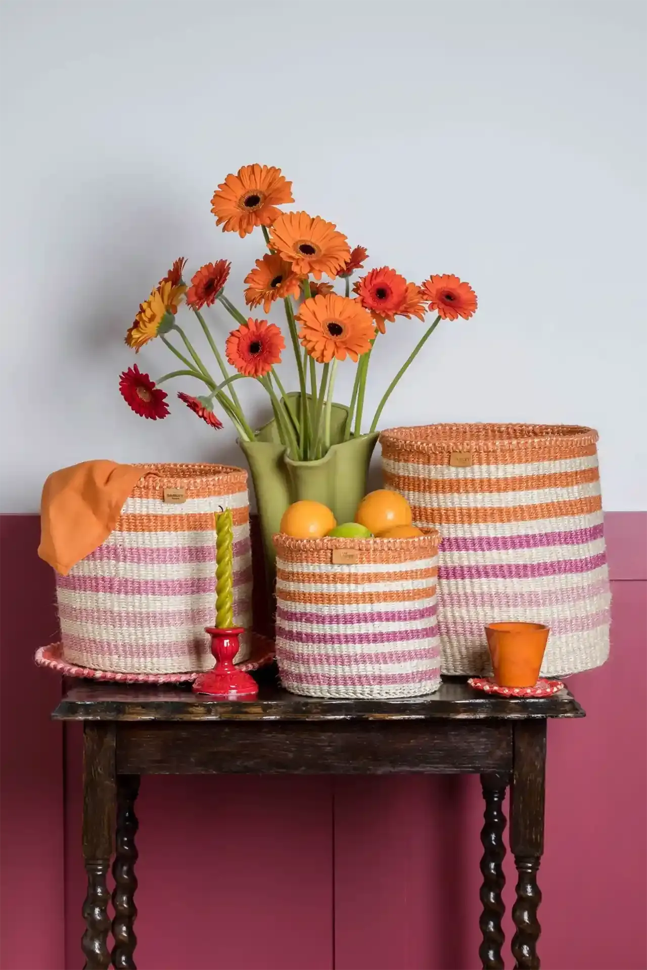 SAFIRI: Orange, Pink & Purple Stripe Woven Storage Basket