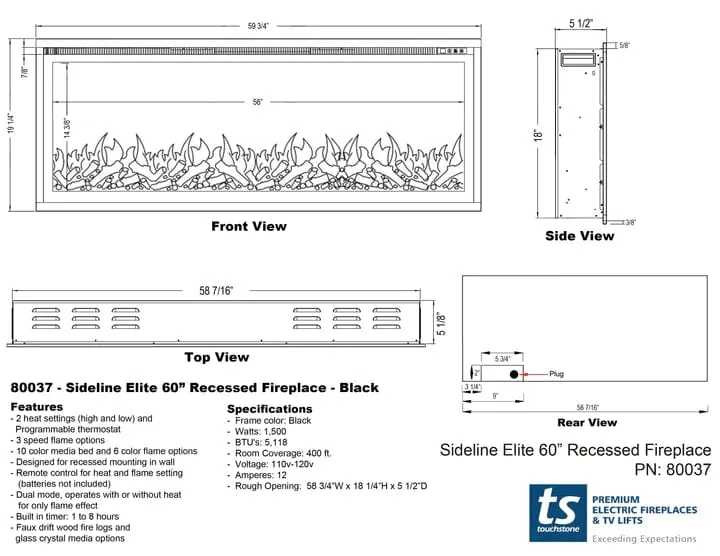 Sideline Elite 60 Inch Smart Electric Fireplace with Encase Surround Mantel