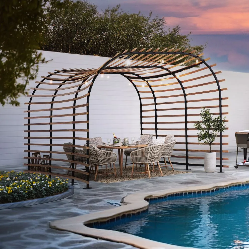 SUNJOY Outdoor Patio 12x14 Modern Dark Brown Steel Arc-Shaped Pergola